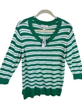 Christopher & Banks NWT Green White Striped Lightweight 3/4 Sleeve Sweater PXL